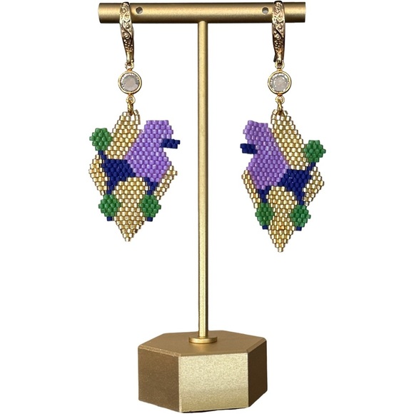 Hand Crafted Purple, Green, Blue and Gold Show Poodle Earrings - Picture 1 of 7
